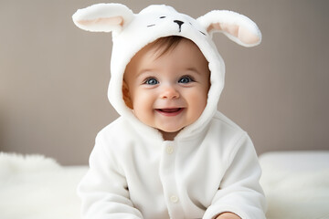 portrait of a 9 month old baby with blue eyes in a white plush bunny suit