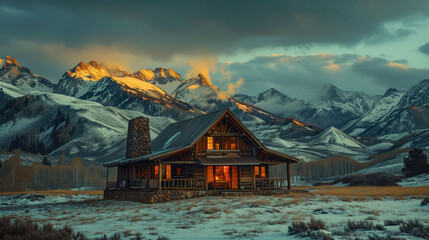 Cozy Cabin Retreat: A rustic cabin nestled amidst snow-capped mountains, smoke curling from its chimney and warm light spilling from its windows, inviting you in from the cold. 