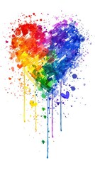 A vibrant image depicting a heart composed of splashes of colors, forming the LGBTQ rainbow, set against a clean white background.