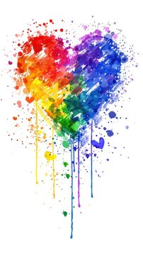 A vibrant image depicting a heart composed of splashes of colors, forming the LGBTQ rainbow, set against a clean white background.