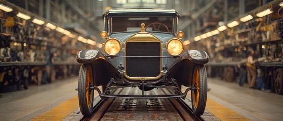 Retro car assembly line in the 1920. Automotive industry. Vintage Auto factory. Oldtimer.
