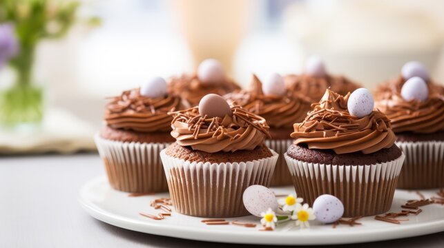  a white plate topped with chocolate cupcakes covered in chocolate frosting and topped with chocolate eggs and sprinkles.