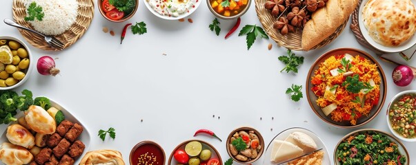 Concept of Ramadan with food and accessories on white background, top view