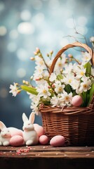  a basket filled with white flowers sitting on top of a table next to a basket filled with pink and white eggs.