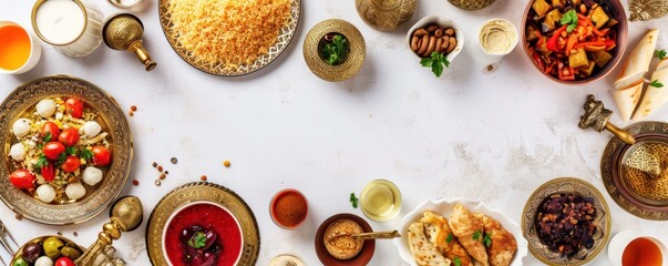 Concept of Ramadan with food and accessories on white background, top view