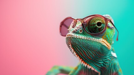  A stylish chameleon sporting sunglasses against a vibrant solid background.