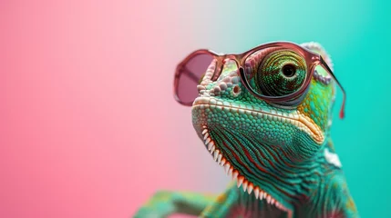 Fotobehang  A stylish chameleon sporting sunglasses against a vibrant solid background. © Andrey