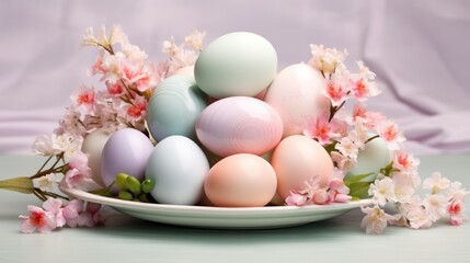  a bowl filled with lots of different colored eggs next to a bunch of pink and white flowers on a table.