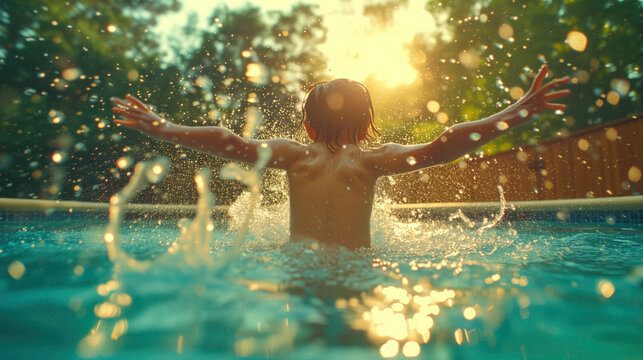 Summer Splash: A child leaping joyfully into a backyard pool, droplets sparkling in the sunlight and creating a vibrant rainbow against the lush green backdrop.