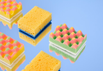 Dish washing supplies on the mirror. Concept of cleanliness.