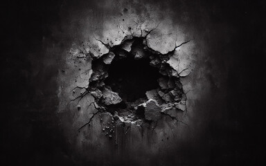 A hole was drilled into the cement wall. Exploding a circular hole in the wall Perforated cement floor - obrazy, fototapety, plakaty