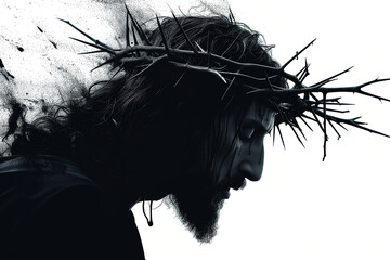silhouette of jesus christ suffering at the cross and wearing the crown of thorns - obrazy, fototapety, plakaty