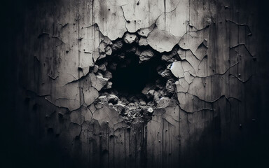 A hole was drilled into the cement wall. Exploding a circular hole in the wall Perforated cement floor - obrazy, fototapety, plakaty