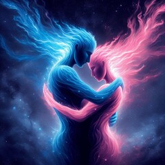 Twin flame couple. Soulmates. The concept of magical, esoteric, tantric, spiritual love. Connection between souls. Illustration for websites and much more. Created using generative ai tools.