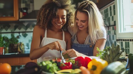 Diversity young happy love LGBT, LGBTQ caucasian and african family lesbian couple woman cook vegan food healthy eat with fresh vegetable salad in kitchen at home - obrazy, fototapety, plakaty