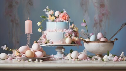  a cake sitting on top of a table next to a bowl of eggs and a plate with a cake on top of it.