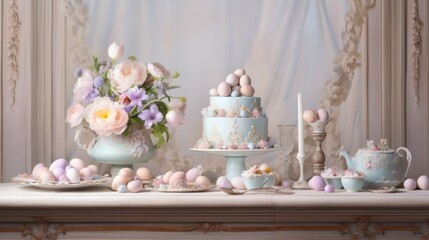  a table topped with a cake covered in frosting next to a vase filled with flowers and eggs on top of a table.