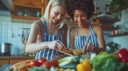Diversity young happy love LGBT, LGBTQ caucasian and african family lesbian couple woman cook vegan food healthy eat with fresh vegetable salad in kitchen at home