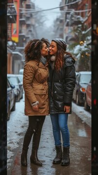 Dominican lesbian couple showing affection and love at street in a winter day