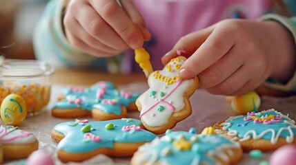 A girl is seen carefully decorating Easter cookies with vibrant icing in close-up