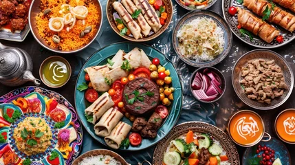 Gordijnen Eid holiday table. Ramadan family dinner. Breaking Fast, iftar. Arabic Middle Eastern traditional cuisine © Andrey