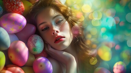 A radiant girl and a colorful Easter egg backdrop combine to create the ideal scene