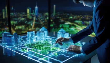 Human interaction of advanced technology based on AI hologram with greenery city concept, eco-friendly city with hologram network light bulb screen icons for energy source renewable.