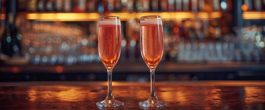 Two Glasses Pink Champagne On Bar, Background Design Images