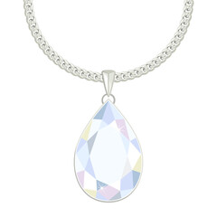 Silver chain with diamond pendant isolated on white background. Vector cartoon illustration of jewelry.