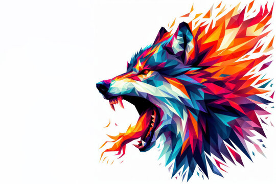 Abstract colorful polygon wolf roaring Fierce on fire on a white background. ai generative