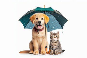 Cute cat and dog sitting under umbrella, insurance animals isolated on solid white background. ai generative