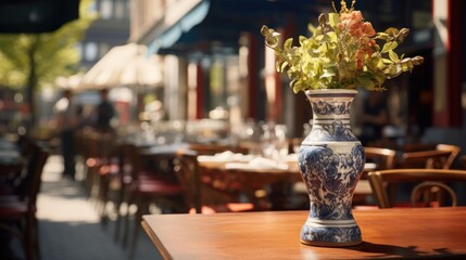  a blue and white vase with flowers in it on a table in front of a restaurant with tables and chairs.
