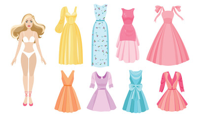 Fashion doll set with different colorful dresses 