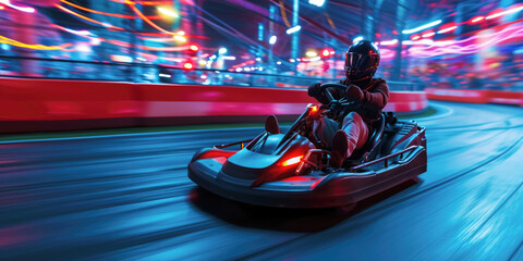 High-Speed Indoor Kart Racing in Motion Blur - obrazy, fototapety, plakaty