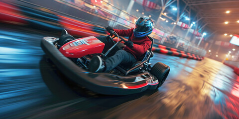 High-Speed Indoor Kart Racing in Motion Blur