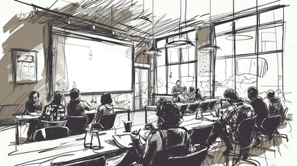  A vector-style sketch drawing capturing the essence of group training and workshops, showcasing individuals engaged in interactive learning and collaboration within a dynamic environment. - obrazy, fototapety, plakaty