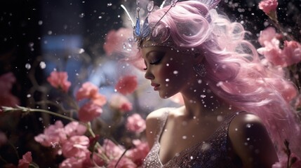  a woman with pink hair and a tiara standing in a field of pink flowers with water droplets on her face.