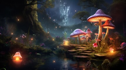  a group of mushrooms sitting on top of a lush green forest next to a river under a sky filled with stars.