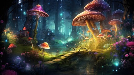  a painting of a group of mushrooms in a forest with a stream in the foreground and a bridge in the middle of the picture.