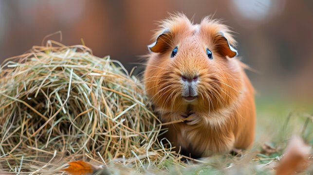 a charming image of a guinea pig munching on fresh hay, capturing its adorable and gentle nature