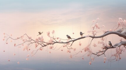  a group of birds sitting on a branch of a cherry blossom tree with the sun shining through the clouds in the background. - obrazy, fototapety, plakaty