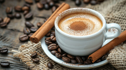 Invigorating Cup of Cappuccino with Cinnamon and Coffee Beans