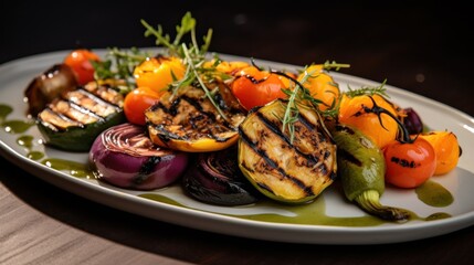  a close up of a plate of food with grilled veggies on a wooden table with a black background.