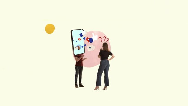 Stop motion. Animation. Young man with phone screen and girl looking at media icons. Interaction of people in social networks. Concept of social media addiction, influence, modern lifestyle and ad