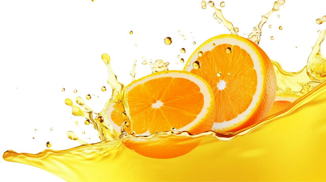 Design element for product presentation layout on transparent background. Vitamin C serum liquid gel in dropper and fresh orange, splash of water or oil drops. 3D realistic. Medical scientific concept