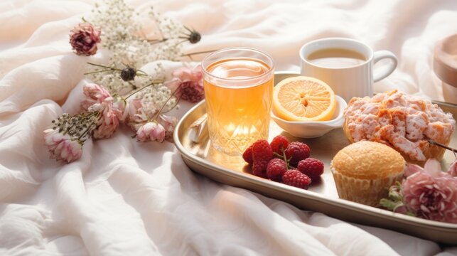  a tray with a cup of tea, muffins, and a cup of tea on top of a bed.