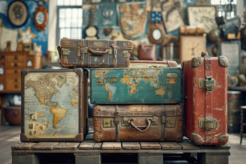 Stack of old vintage suitcases of a world traveler