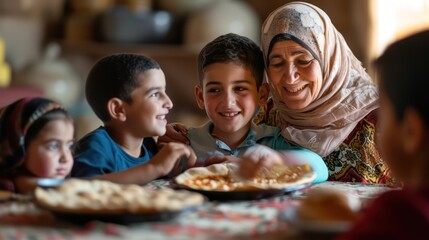 A happy Middle Eastern family enjoys a festive Ramadan dinner, gathering around the dining table for moments of togetherness.