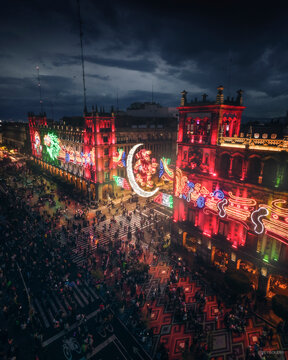 Aerial view of people in the street at night in Plaza de la Constitucion, Mexico City, Mexico.