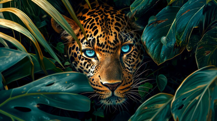 Jaguar Peering Through Foliage - Stealthy Predator in Dense Jungle